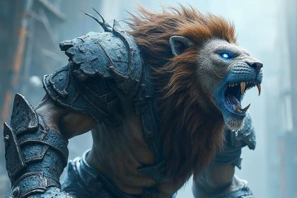 A terrifying hybrid creature of Sub-zero and a lion, with glowing icy eyes, armored body, and frost-crackling claw, roaring in a high-definition fantasy setting.