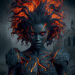 A fiery figure with lava-colored flaming hair, volcanic skin, and piercing red eyes set against a gothic backdrop.