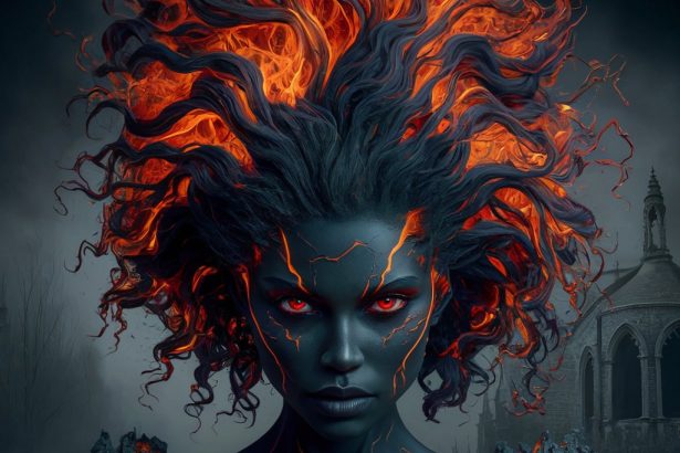 A fiery figure with lava-colored flaming hair, volcanic skin, and piercing red eyes set against a gothic backdrop.