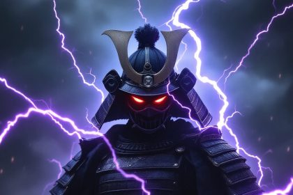 A dark-faced samurai warrior with glowing red eyes, traditional armor, and purple lightning crackling around him on a stormy battlefield.