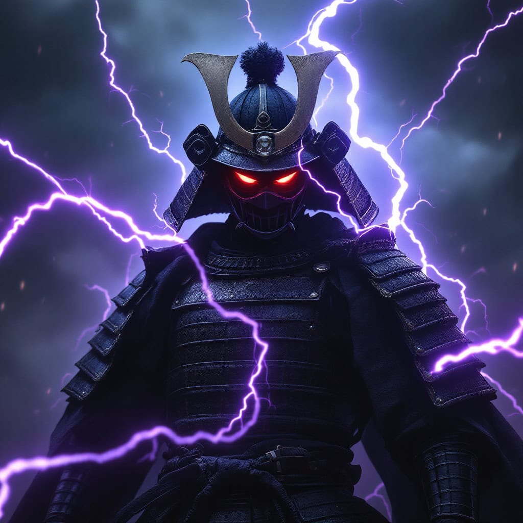 A dark-faced samurai warrior with glowing red eyes, traditional armor, and purple lightning crackling around him on a stormy battlefield.