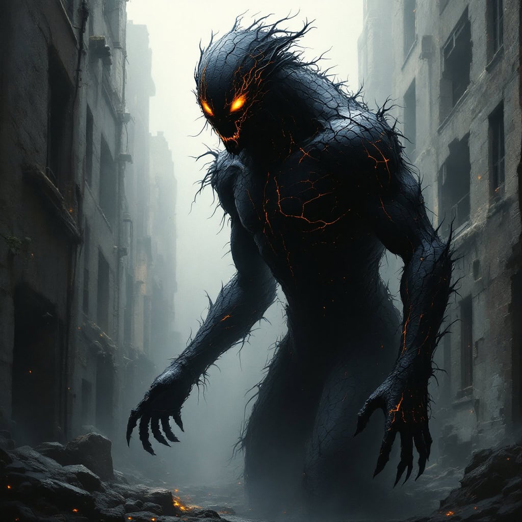 Shadowy creatures with cracked asphalt skin, glowing golden veins, and ember-like eyes in a decaying urban setting.