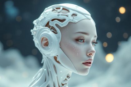 A pure white cyborg with a wistful expression glows softly against a backdrop of twinkling stars in deep space.