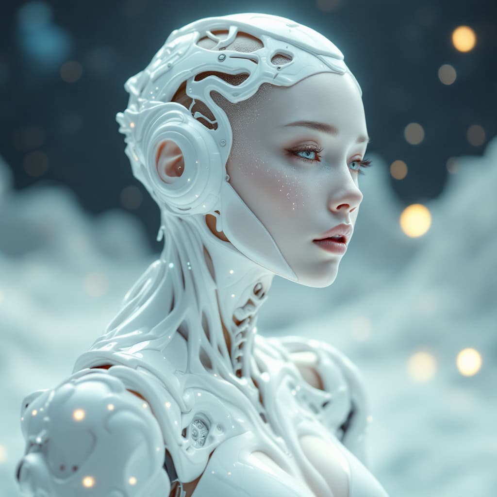 A pure white cyborg with a wistful expression glows softly against a backdrop of twinkling stars in deep space.