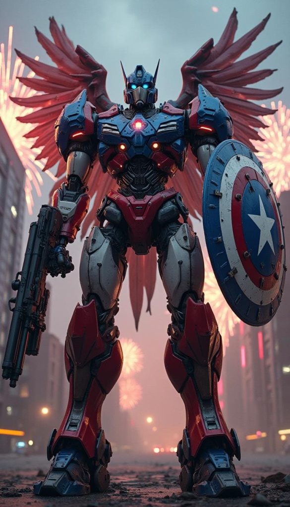 A towering robot with red, white, and blue armor, eagle-like wings, and a U.S. flag shield.