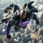 A muscular Black superhero named Val-Bull flies over New Krypton, wearing a black, purple, and white costume with silver accents and a cape.