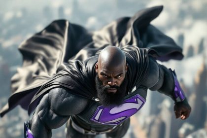 A muscular Black superhero named Val-Bull flies over New Krypton, wearing a black, purple, and white costume with silver accents and a cape.