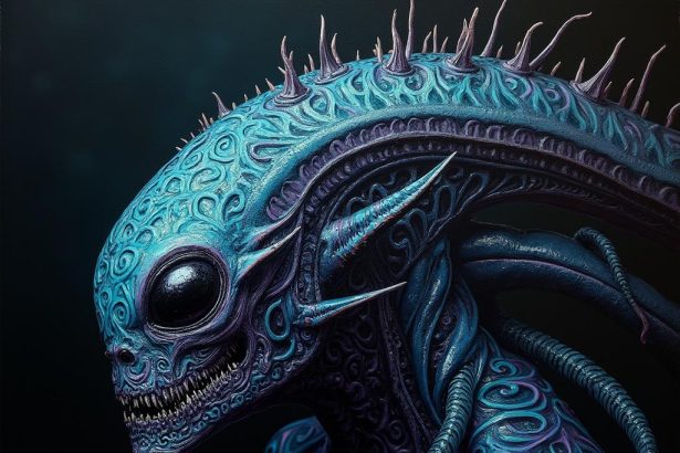 A vibrant alien life-form composed of intricate tribal patterns, with glistening black eyes and twisting tendrils on a black canvas.