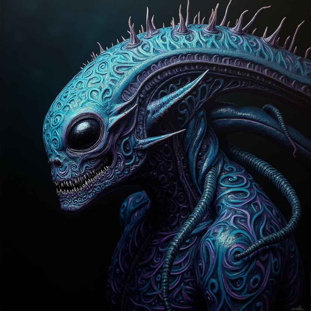 A vibrant alien life-form composed of intricate tribal patterns, with glistening black eyes and twisting tendrils on a black canvas.