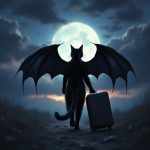 A sleek black cat with vampire-like wings walking under a twilight sky with a suitcase in tow.