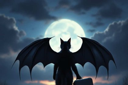 A sleek black cat with vampire-like wings walking under a twilight sky with a suitcase in tow.