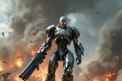 A futuristic battlefield where robots and cyborgs fight in a brutal war, with a towering exosuit warrior wielding a plasma cannon.