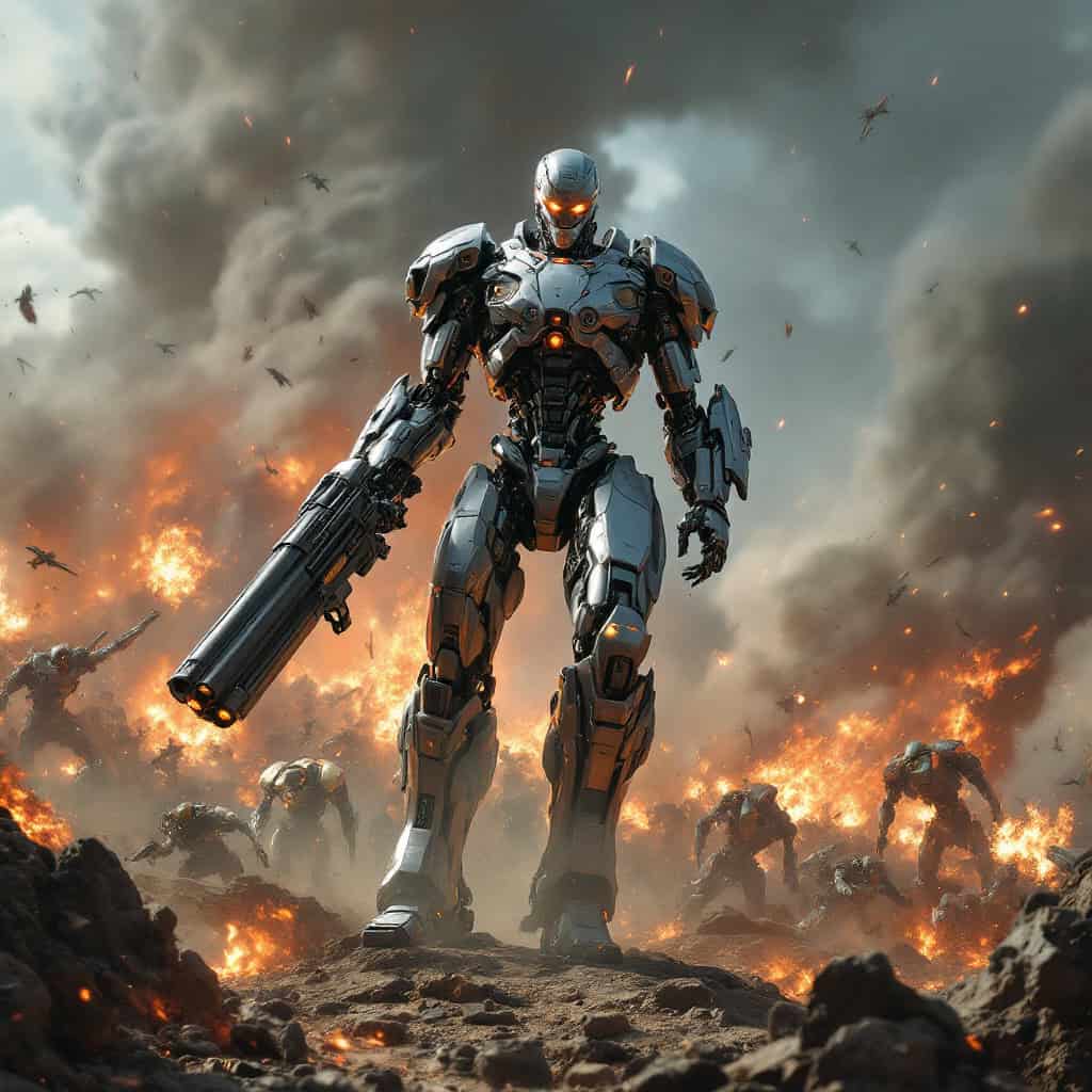 A futuristic battlefield where robots and cyborgs fight in a brutal war, with a towering exosuit warrior wielding a plasma cannon.