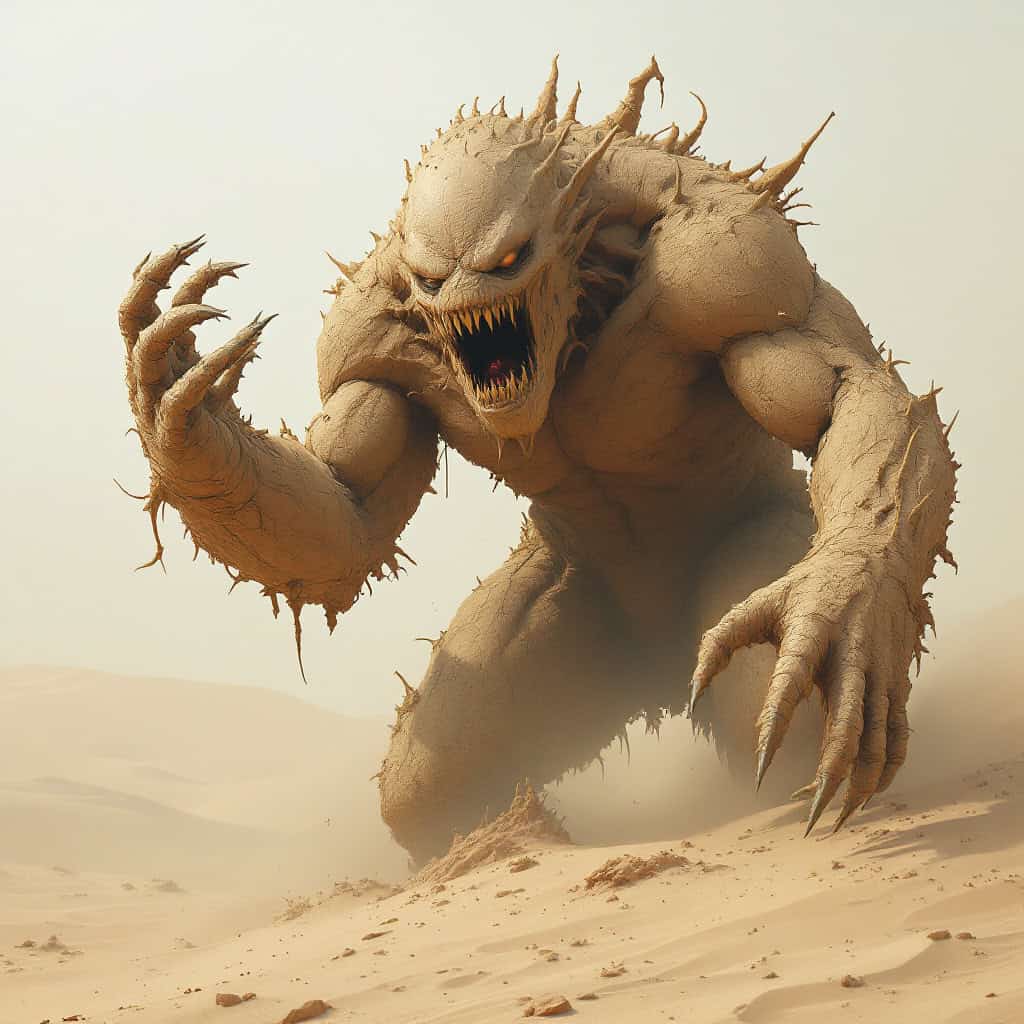 Surreal artwork of a colossal sand monster with long arms in a desert landscape.