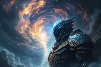 A cosmic tornado revealing a futuristic warrior with intricate armor.