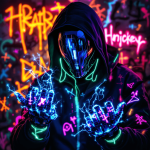 Cyberpunk Echo Hacker with neon graffiti and cybernetic design.