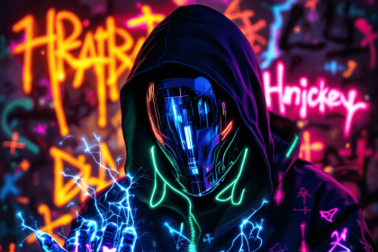 Cyberpunk Echo Hacker with neon graffiti and cybernetic design.