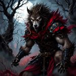 Dark fantasy illustration of a werewolf in black and red armor.