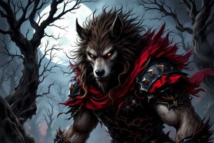 Dark fantasy illustration of a werewolf in black and red armor.