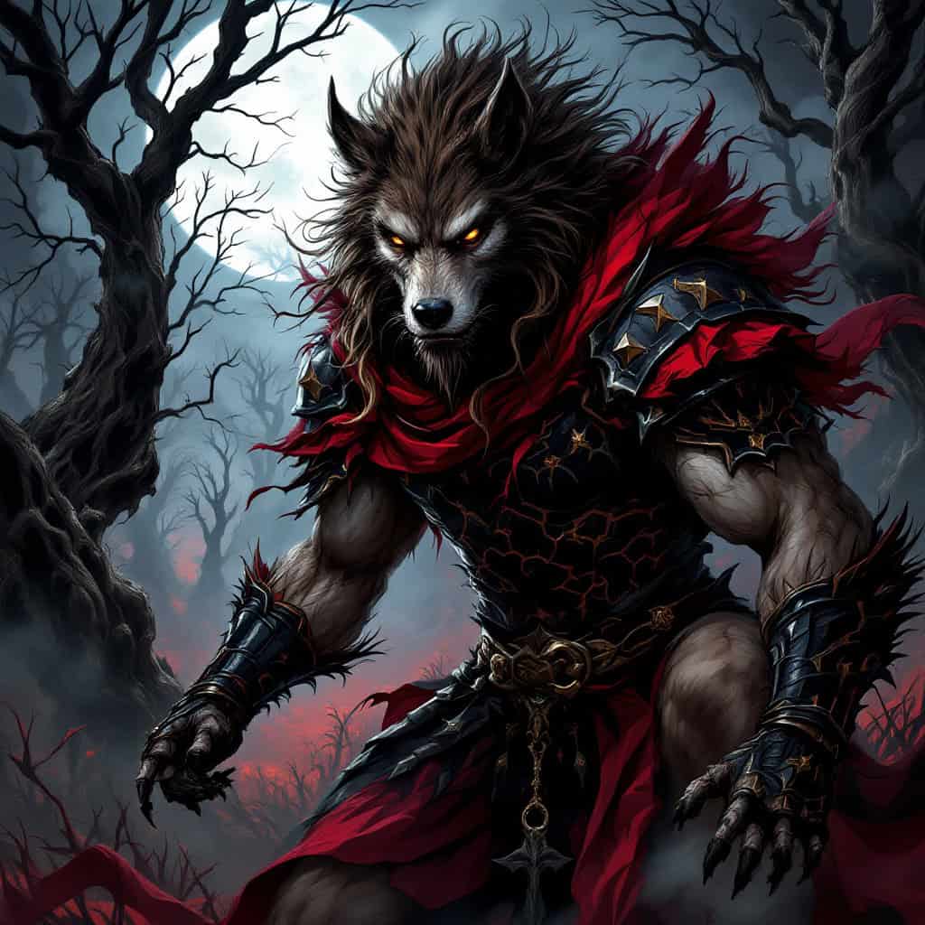 Dark fantasy illustration of a werewolf in black and red armor.