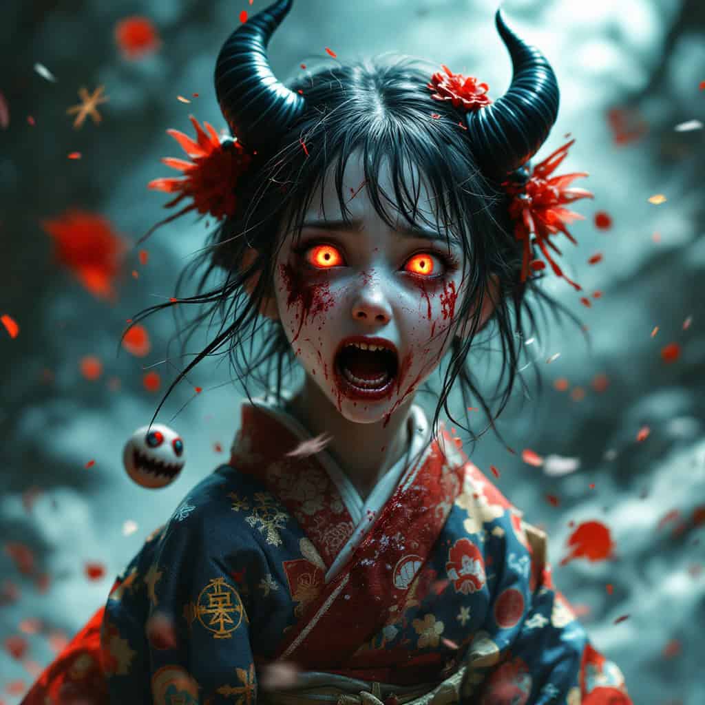 Demon possessed Japanese girl with glowing red eyes in a kimono.