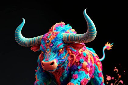 A dreamlike bull charging with vibrant colors and surreal detail, set against a dark background.