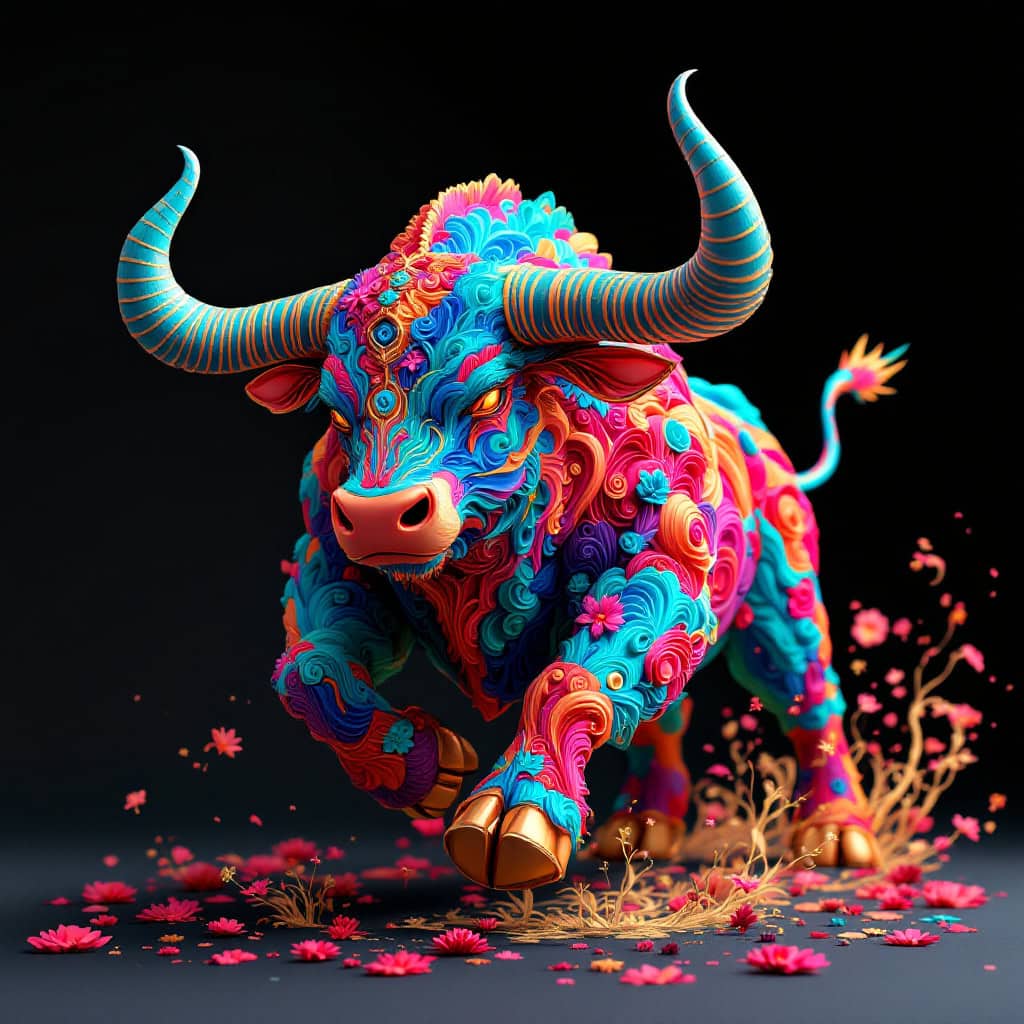 A dreamlike bull charging with vibrant colors and surreal detail, set against a dark background.