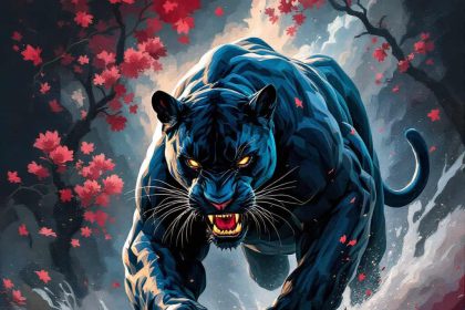 Dreamlike illustration of a black panther running and crouching to attack in a fusion of surreal artistic styles.