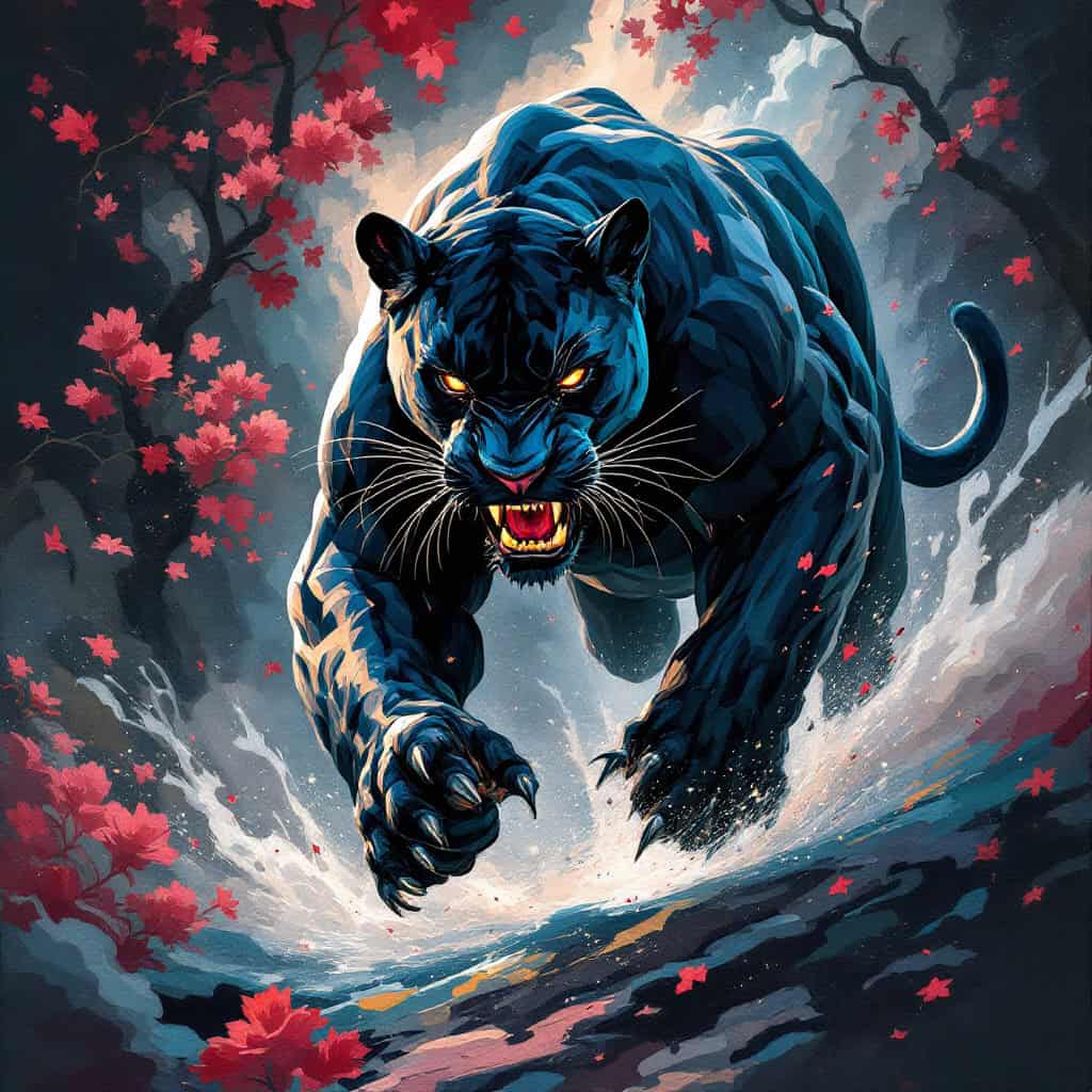 Dreamlike illustration of a black panther running and crouching to attack in a fusion of surreal artistic styles.