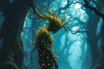 A surreal fantasy illustration of a humanoid figure made of vines and flowers, standing in an ancient bioluminescent forest.