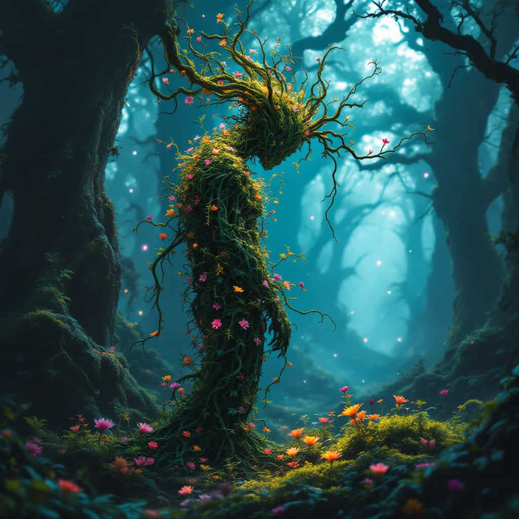 A surreal fantasy illustration of a humanoid figure made of vines and flowers, standing in an ancient bioluminescent forest.