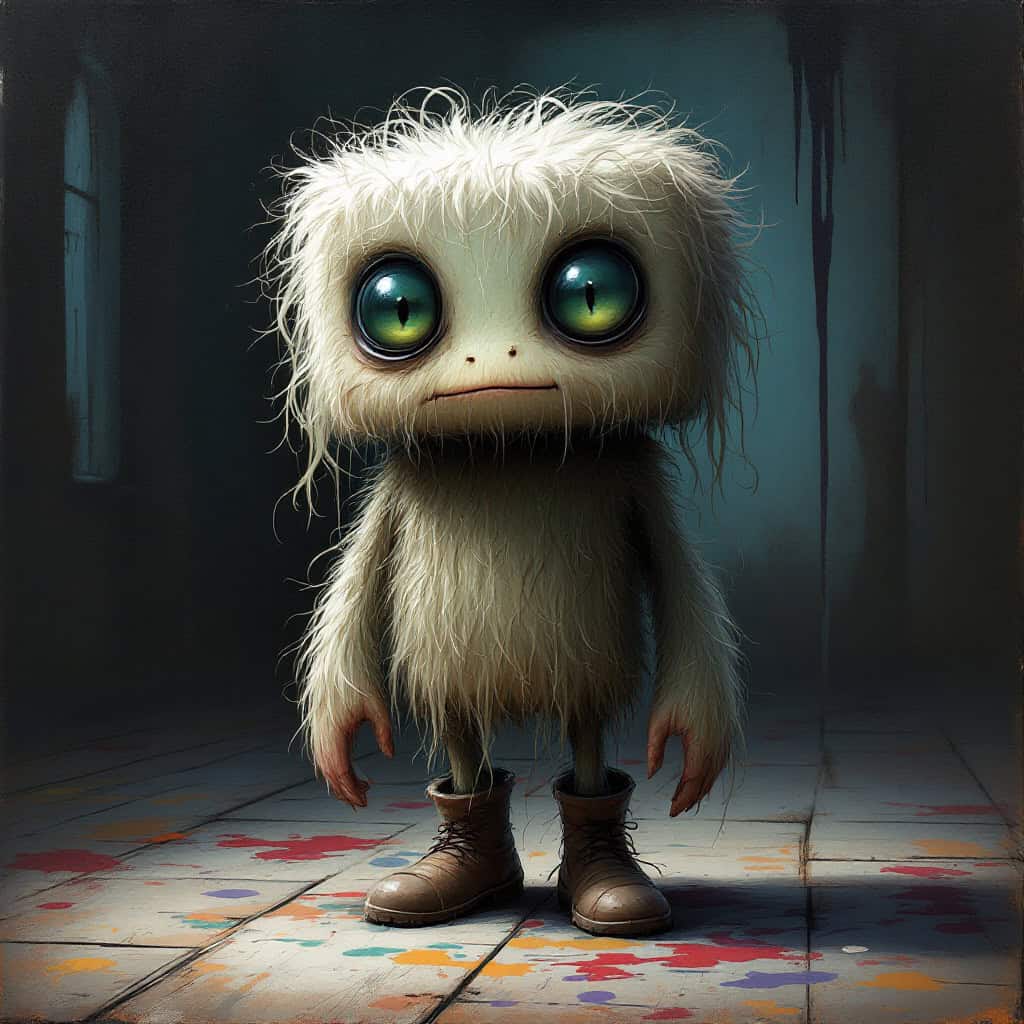 A whimsical dark fantasy creature with a furry, square body and vibrant rainbow hues, standing on a paint-stained wooden floor.