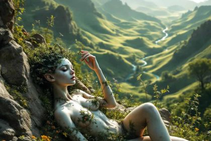 A hyperrealistic alien woman seamlessly merging with a lush, rolling landscape, bathed in warm golden sunlight.