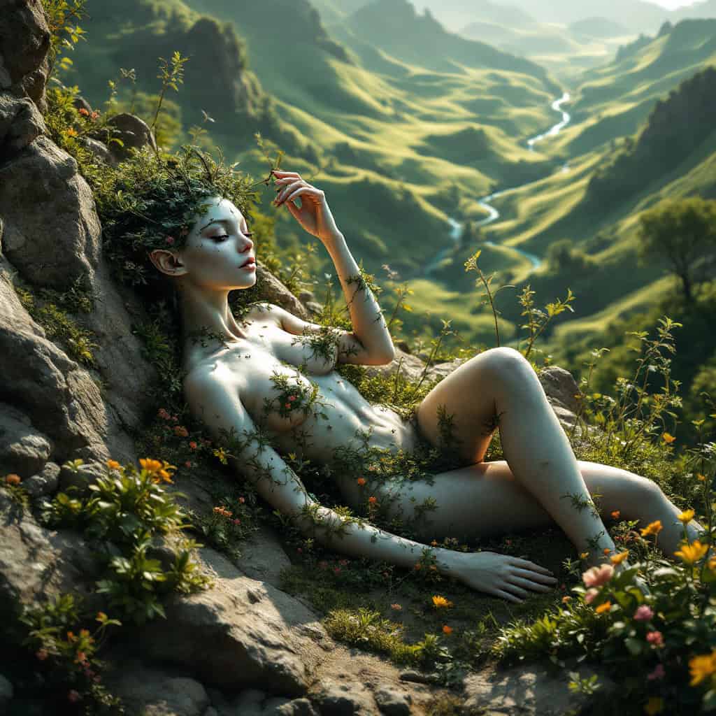 A hyperrealistic alien woman seamlessly merging with a lush, rolling landscape, bathed in warm golden sunlight.