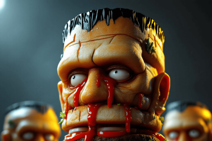 3D render of a towering burger sculpture shaped like Frankenstein’s face.