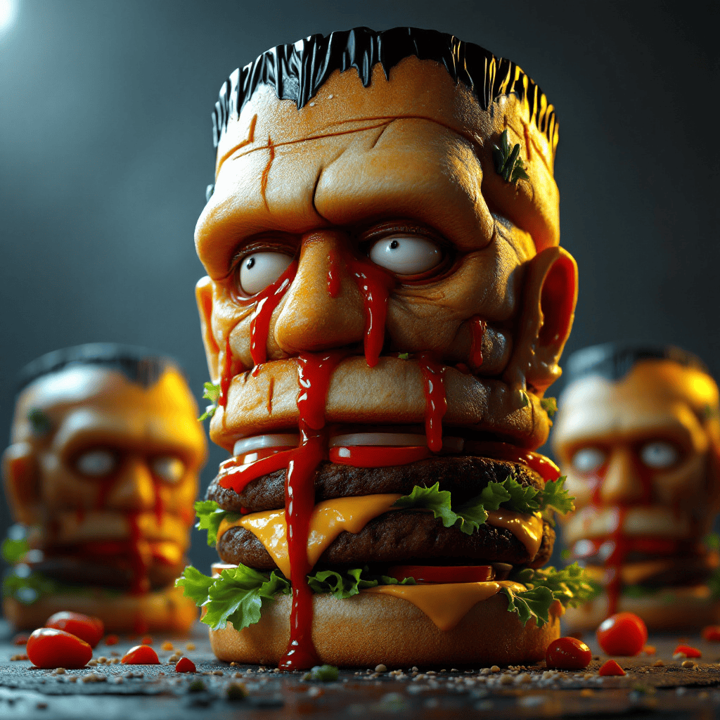 3D render of a towering burger sculpture shaped like Frankenstein’s face.