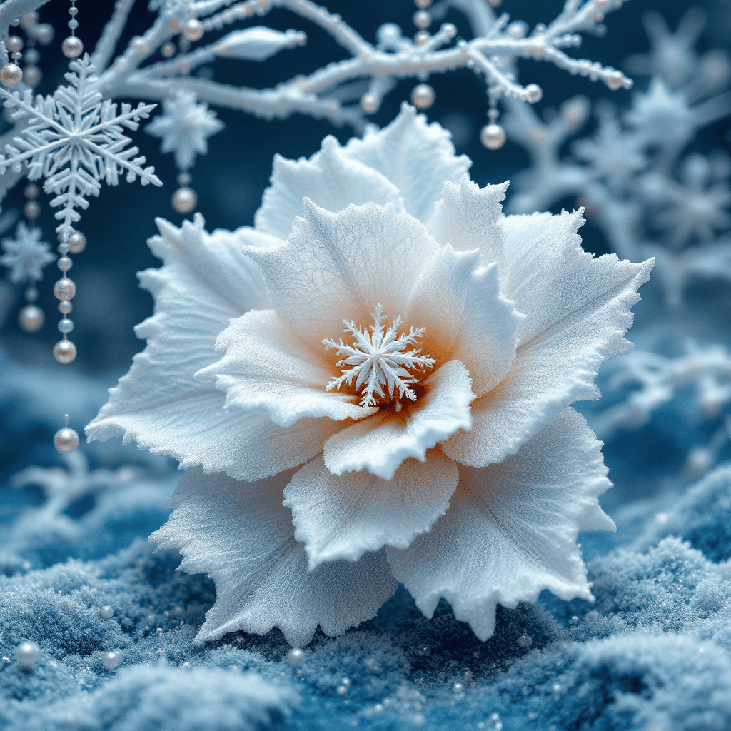 Frosted flower blossom of embroidered lace in a winter wonderland.