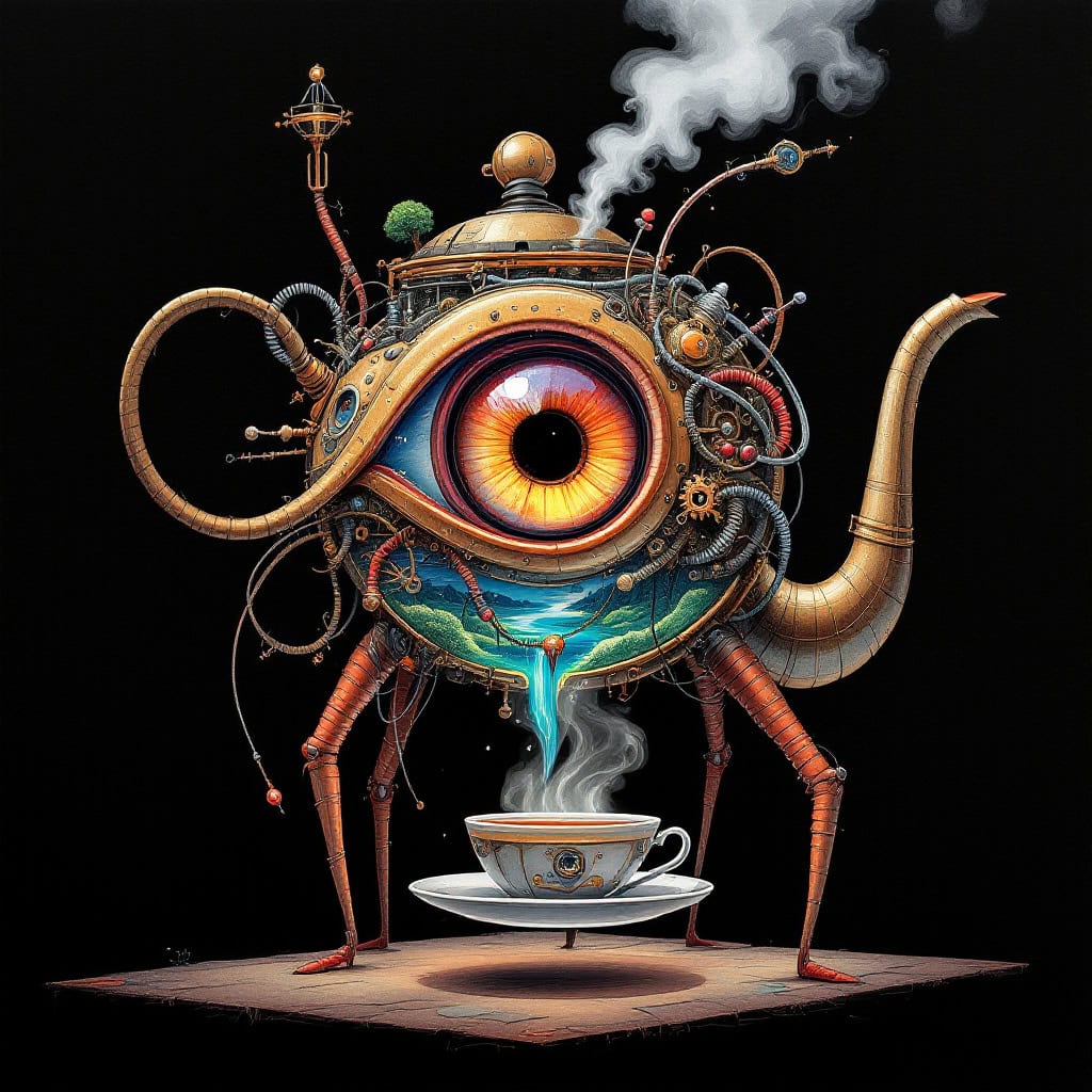 A futuristic teapot with delicate legs, intricate gears, and glowing digital elements.