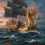 A golden seahorse-shaped steampunk vessel emerging from the ocean at dusk.