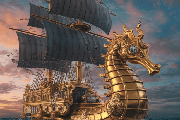 A golden seahorse-shaped steampunk vessel emerging from the ocean at dusk.