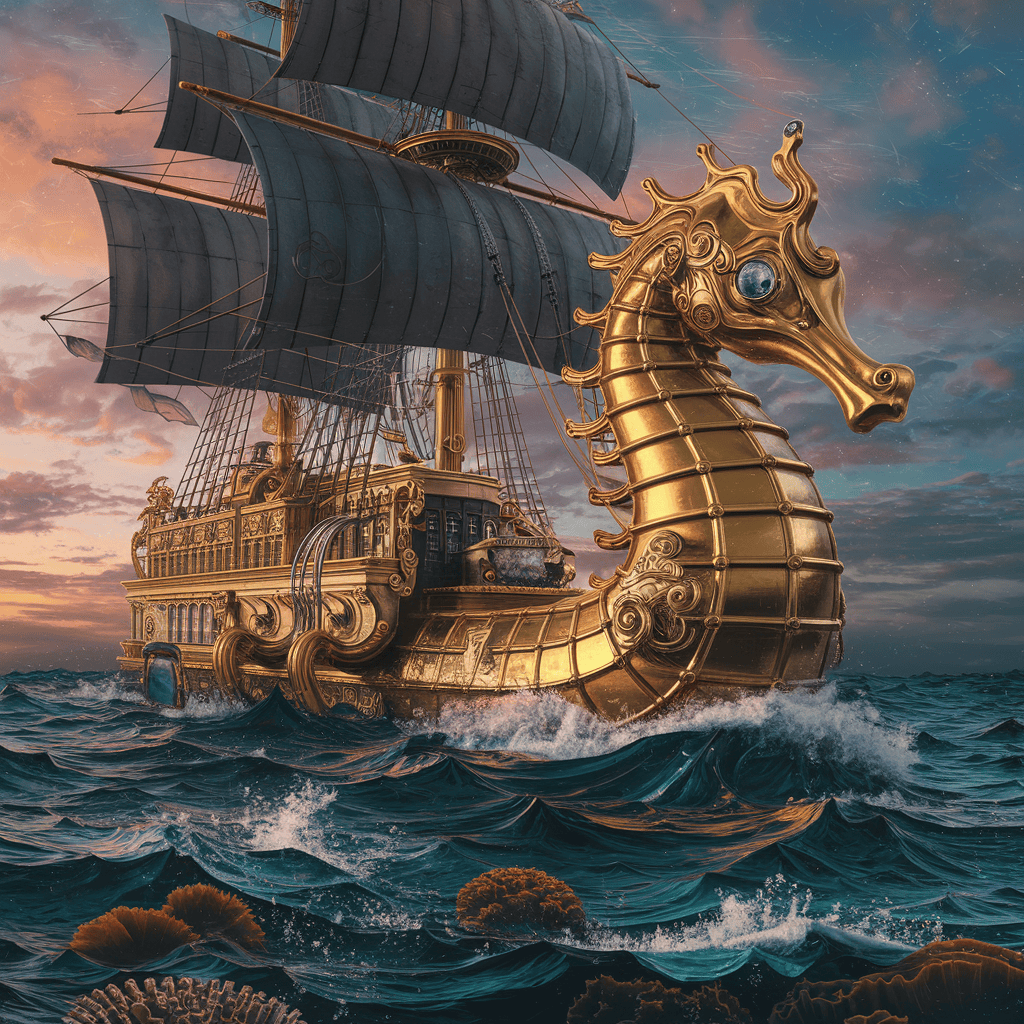 A golden seahorse-shaped steampunk vessel emerging from the ocean at dusk.