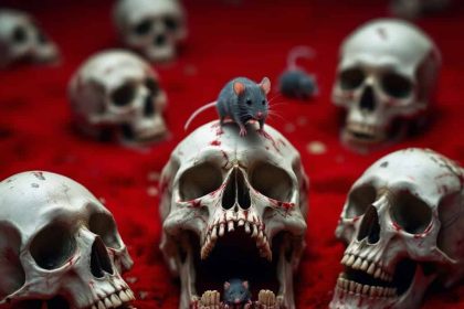 A gothic red carpet featuring skull heads and running mice in a hyperrealistic art style.