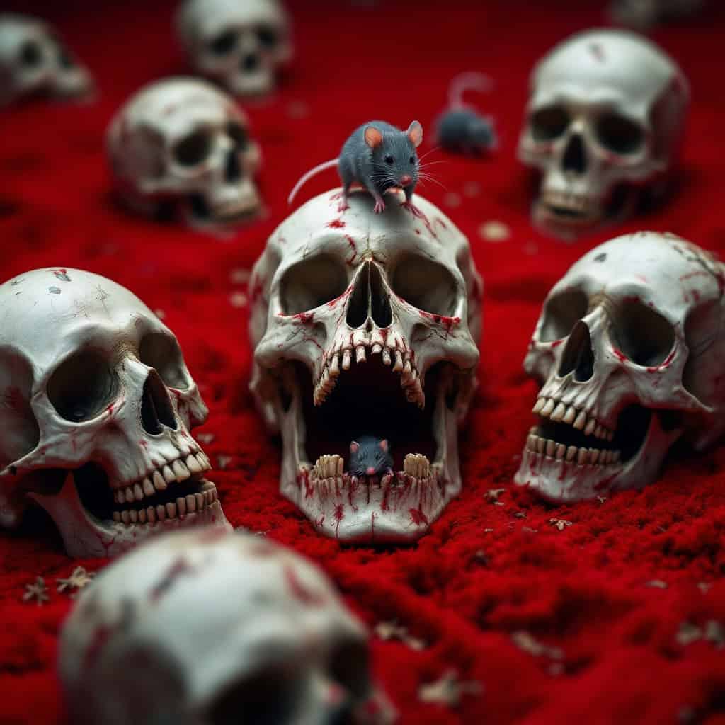 A gothic red carpet featuring skull heads and running mice in a hyperrealistic art style.