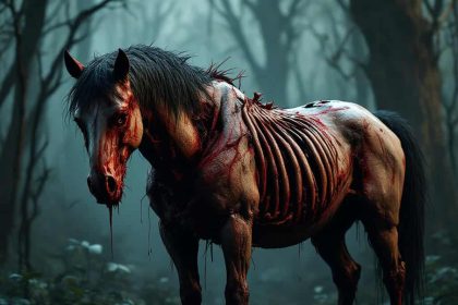 A gory horse from the Walking Dead in a haunting 3D render.