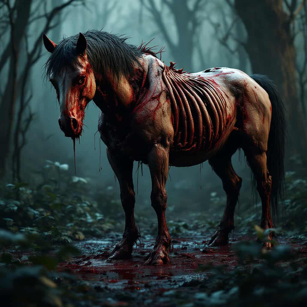 A gory horse from the Walking Dead in a haunting 3D render.