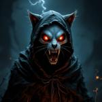 A hooded monster with a cat skull and glowing red eyes, enveloped in swirling dark energy.