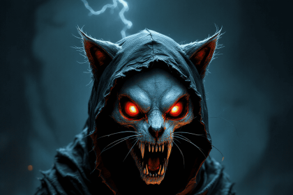 A hooded monster with a cat skull and glowing red eyes, enveloped in swirling dark energy.