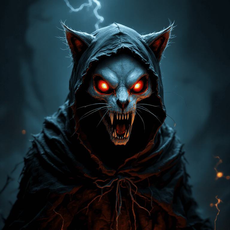 The Hooded Cat-Skull Monster: A Sinister Cinematic Vision