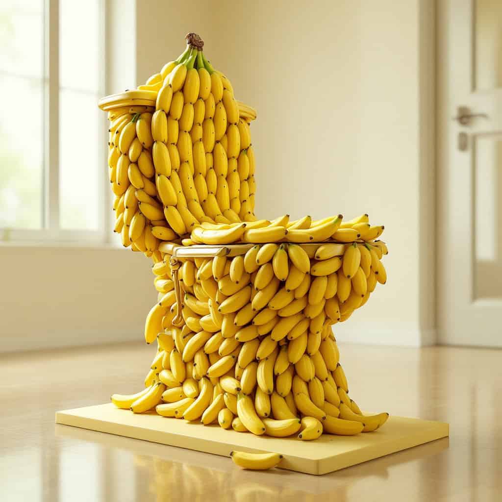 Hyperrealistic banana toilet with a banana-shaped handle in a room with a window.