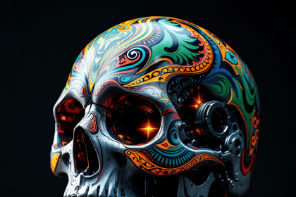 Skull-shaped industrial piston with tribal patterns against a dark background.